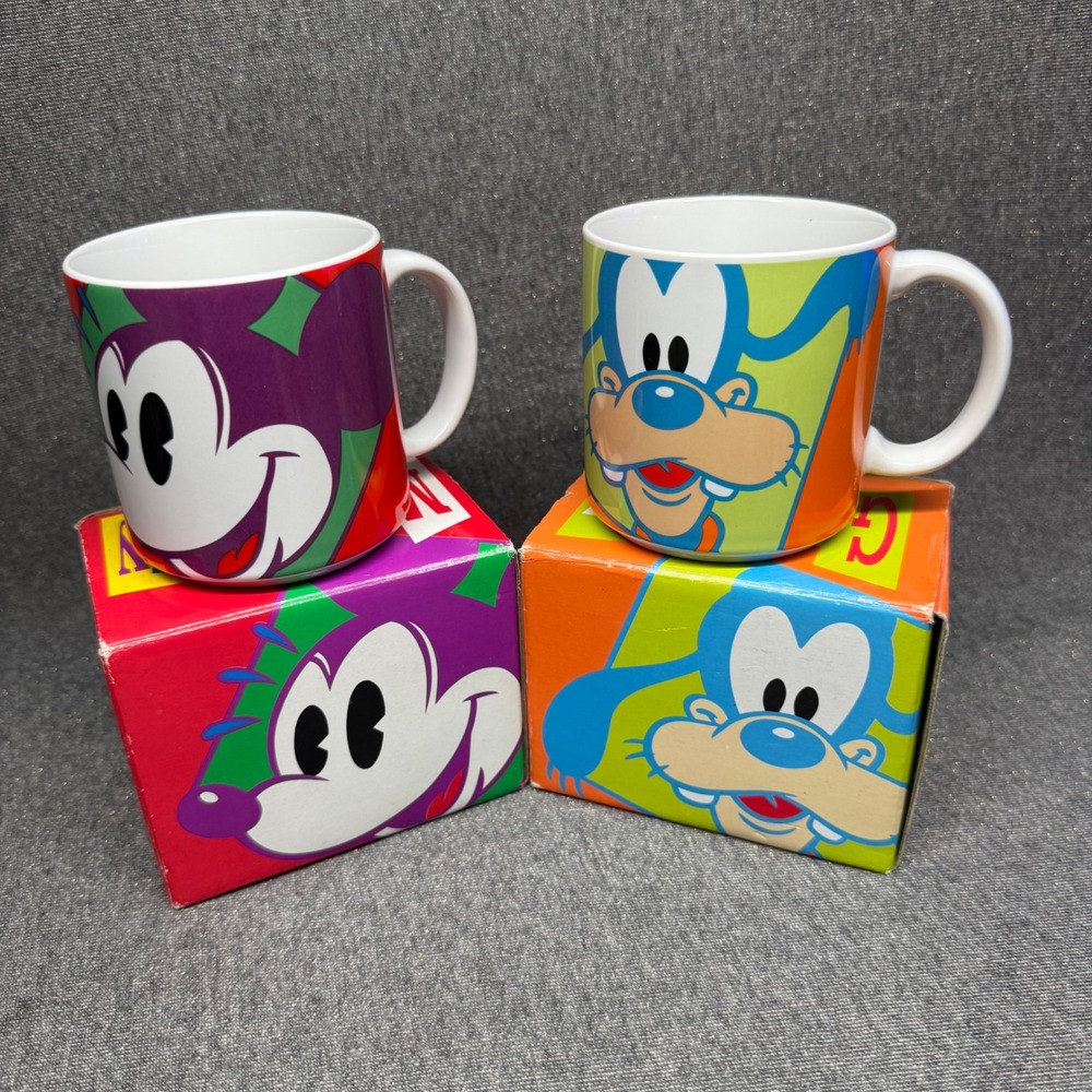 Vintage Disney Mickey & Goofy Made in Japan Mug Set With Boxes 90s Style Pop Art